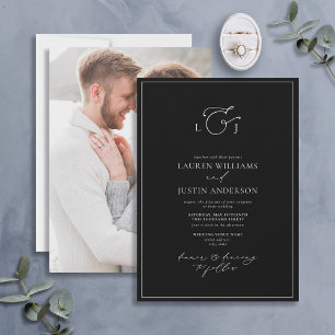 Modern Black White Calligraphy Monogram Photo Invi Invitation