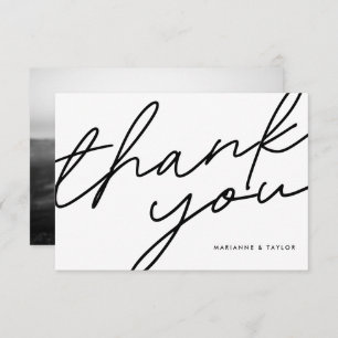 Modern Black White Calligraphy Wedding Photo Thank You Card