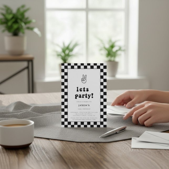 Modern black & white checkerd lets party birthday invitation (Creator Uploaded)