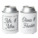 Modern Black & White Cheers Wedding Favours Can Cooler<br><div class="desc">Welcome guests to your wedding in style with these modern black and white beer can coolers. The modern design features a simple black frame and script text with the front saying "cheers to Mr. and Mrs. {last name}" and the back saying names and date. Your guests will see an extra...</div>
