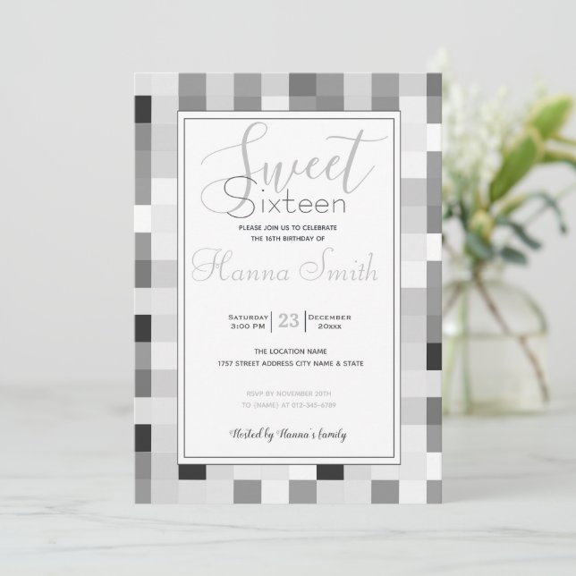 Modern Black white Chequerboard Invitation (Standing Front)