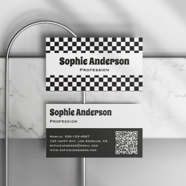 Modern Black White Chequerboard Minimalist QR Code Business Card (Creator Uploaded)