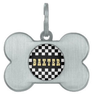 Modern Black White Chequered Gold Cat Dog Name Pet ID Tag