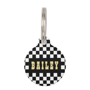 Modern Black White Chequered Gold Dog Cat Name Pet Tag