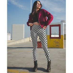 Modern Black White Chequered Racing Flag Pattern Leggings