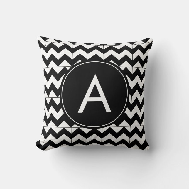 Modern Black White Chevron Monogram Throw Pillow (Front)