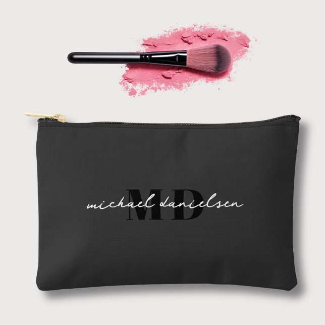 Modern Black & White Chic Script Initial Monogram  Accessory Pouch (Creator Uploaded)