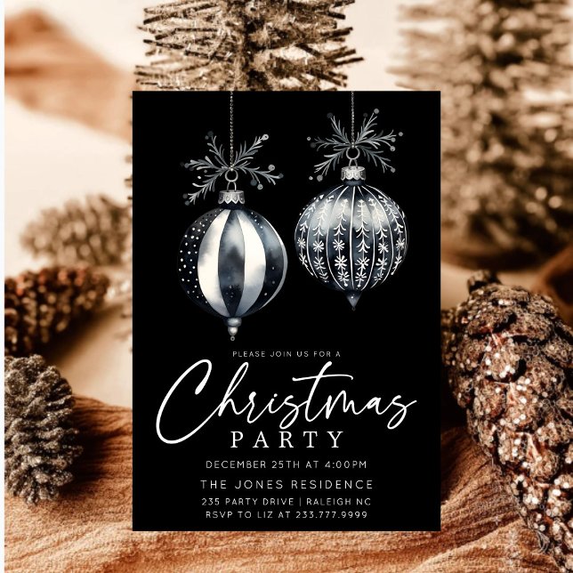 Modern Black & White Christmas Ornaments Party Invitation (Creator Uploaded)