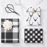 Modern Black & White Christmas Plaid & Reindeer Wrapping Paper Sheet<br><div class="desc">Modern black and white Christmas gift wrapping paper sheets with reindeer,  tartan plaid and buffalo check patterns.</div>