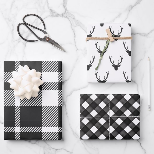 Modern Black & White Christmas Plaid & Reindeer Wrapping Paper Sheet (Front)
