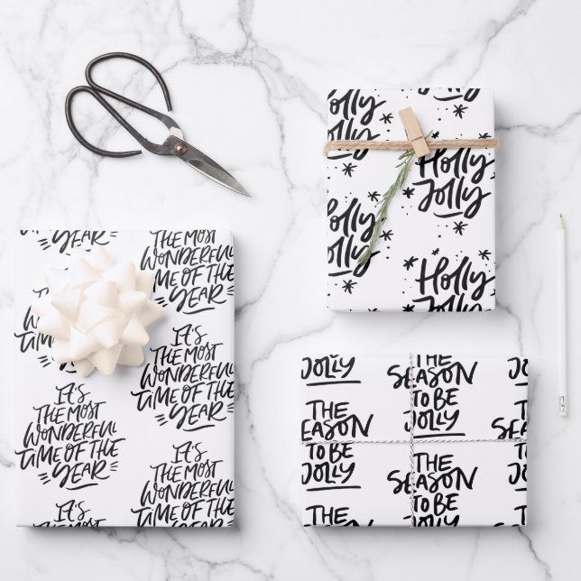 Modern Black & White Christmas Quotes Gift Wrapping Paper Sheet (Front)