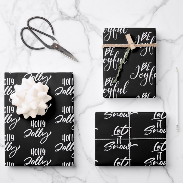 Modern Black & White Christmas Quotes Wrapping Paper Sheet (Front)