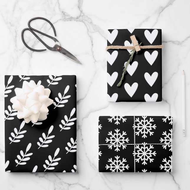 Modern Black & White Christmas Snowflake Heart  Wrapping Paper Sheet (Front)