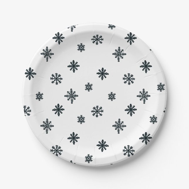 Modern Black & White Christmas Snowflakes Paper Plate (Front)