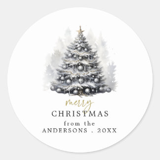 Modern Black & White Christmas Tree Party Classic Round Sticker