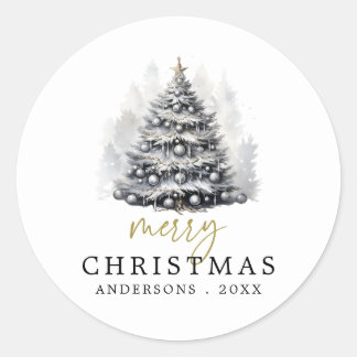 Modern Black & White Christmas Tree Party Classic Round Sticker
