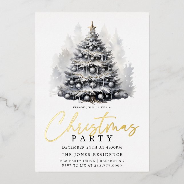 Modern Black & White Christmas Tree Party Foil Holiday Card (Front)