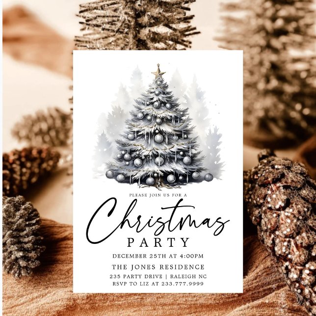 Modern Black & White Christmas Tree Party Invitation (Creator Uploaded)
