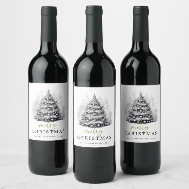 Modern Black & White Christmas Tree Party Wine Label (Bottles)