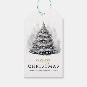 Modern Black & White Christmas Tree Plaid Gift Tags