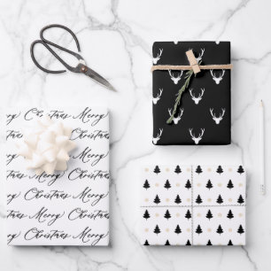 Modern Black & White Christmas Trees & Reindeer Wrapping Paper Sheet