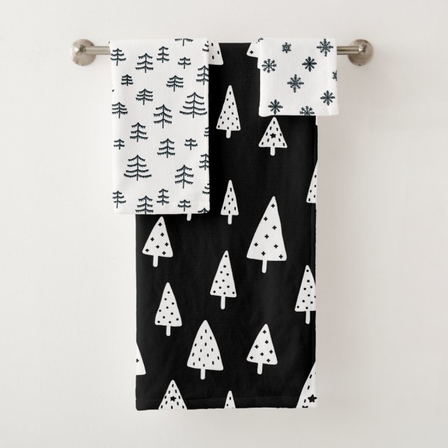 Modern Black & White Christmas Trees Snowflakes Bath Towel Set (Insitu)