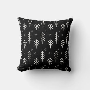 Modern Black & White Christmas Trees Snowflakes Throw Pillow
