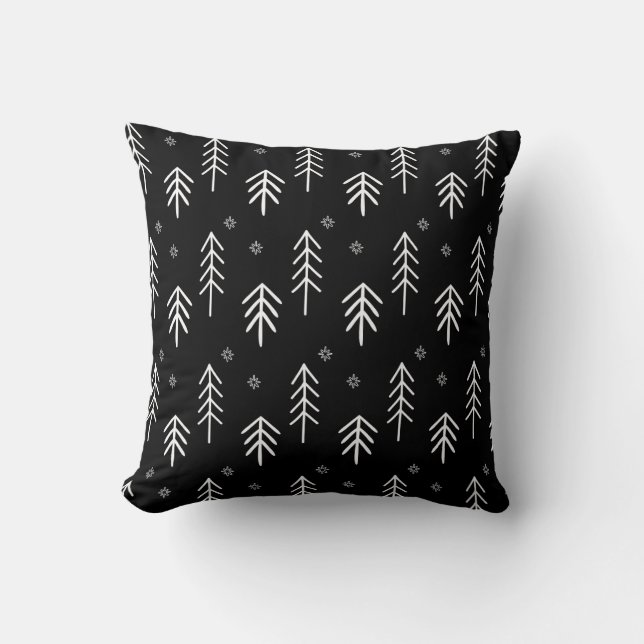 Modern Black & White Christmas Trees Snowflakes Throw Pillow (Front)
