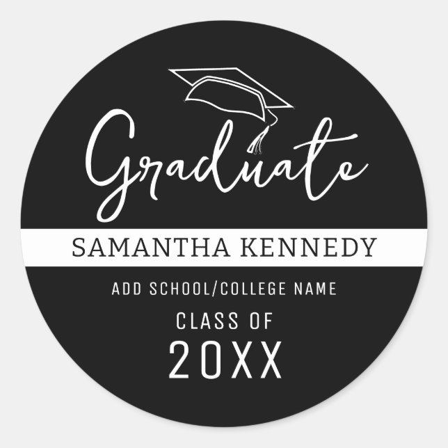 Modern Black & White Class of 2025 Grad Cap Classic Round Sticker (Front)