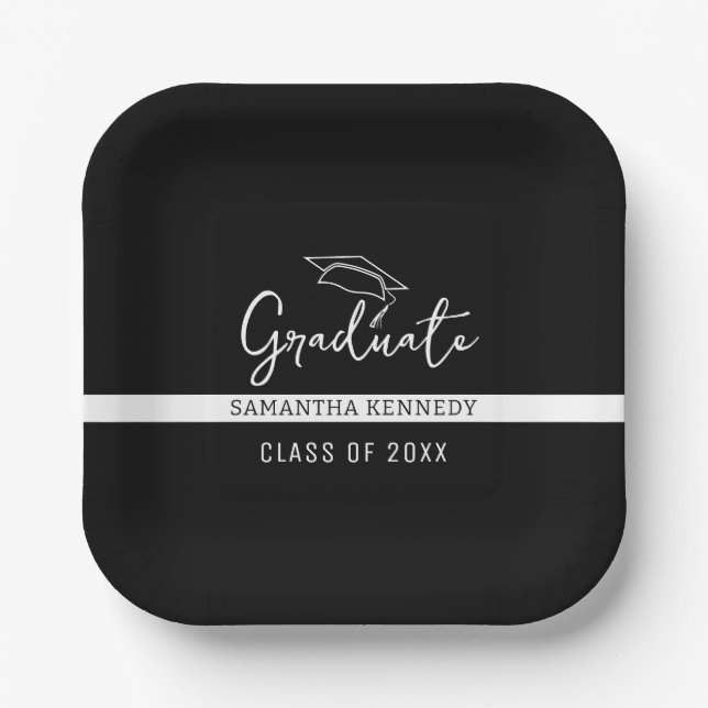 Modern Black & White Class of 2025 Grad Cap Paper Plate (Front)