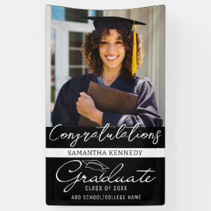 Modern Black & White Class of 2025 Grad Cap Photo Banner