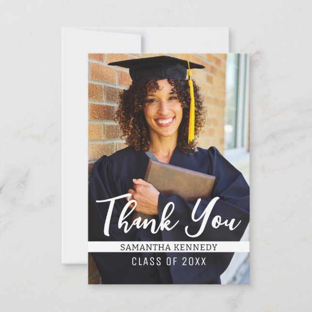 Modern Black & White Class of 2025 Grad Cap Photo Thank You Card (Front)