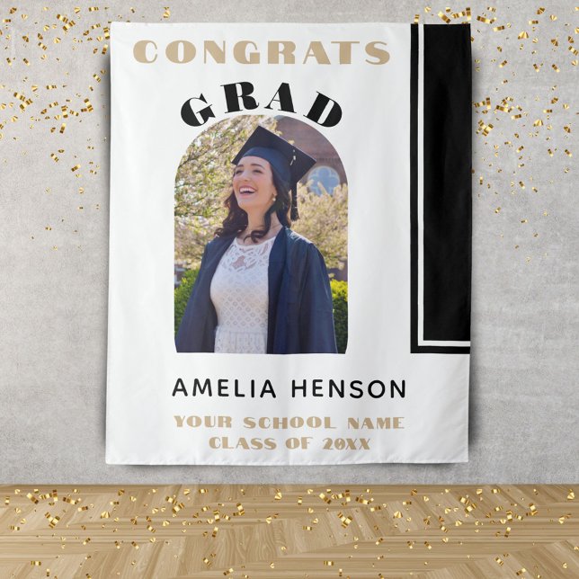 Modern Black White Congrats Grad Photo Backdrop Tapestry (Creator Uploaded)
