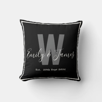 Modern Black White Couple Monogram Border Date Throw Pillow