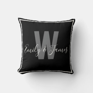 Modern Black White Couple Monogram Border Throw Pillow