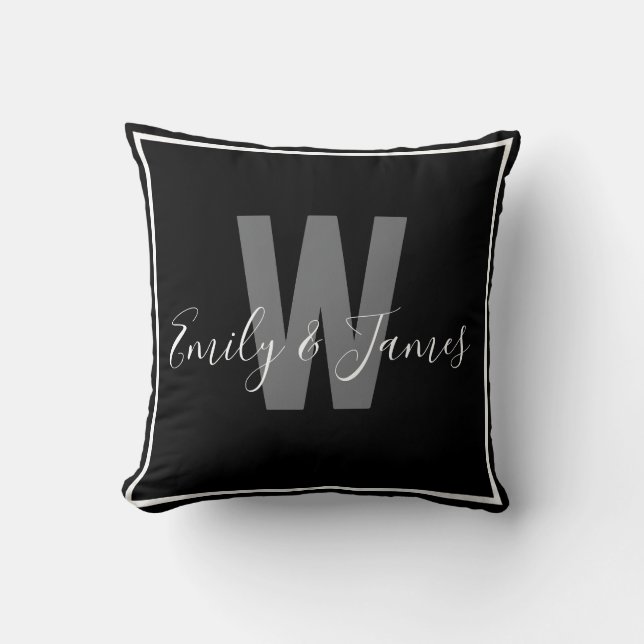 Modern Black White Couple Monogram Border Throw Pillow (Front)