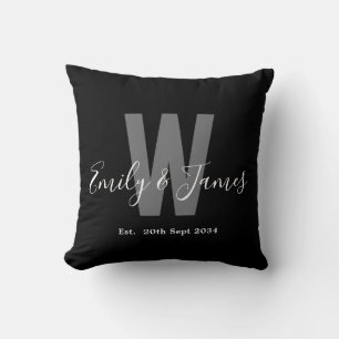 Modern Black White Couple Monogram Date Throw Pillow