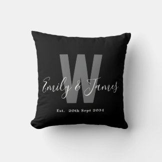 Modern Black White Couple Monogram Date Throw Pillow