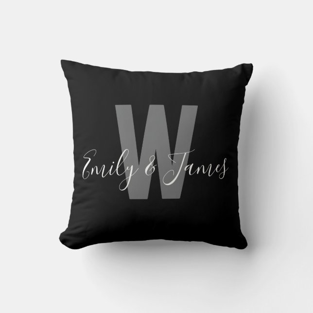 Modern Black White Couple Monogram Throw Pillow (Front)