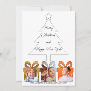 Modern Black White Custom Family Photo Tree Holiday Card