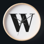 Modern black white custom monogram initial letter clock<br><div class="desc">Modern custom monogram initial letter typography elegant wall Clock.
Custom black text,  white background.

Available in different shapes (round or square) sizes and materials</div>