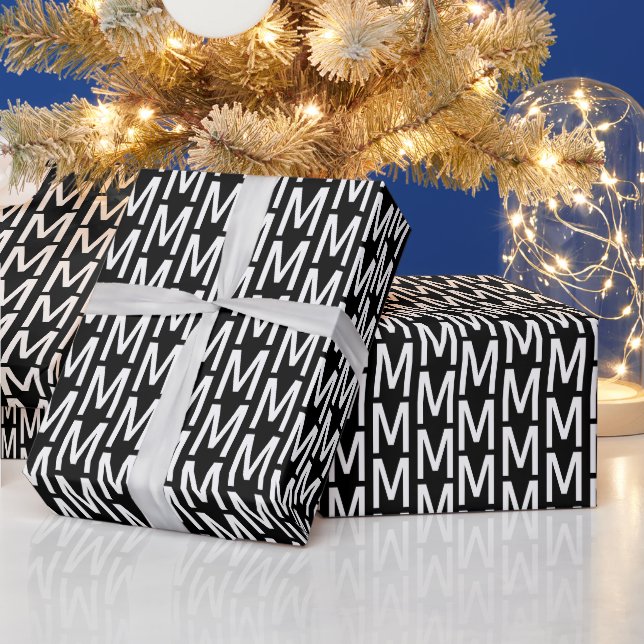 Modern black white custom monogram letter pattern wrapping paper (Holidays)