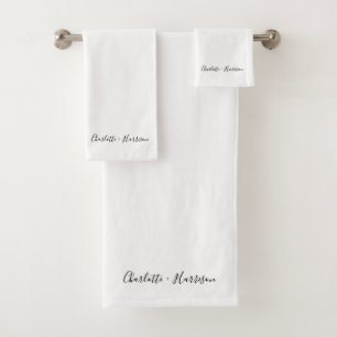 Modern black white custom script name simple chic bath towel set