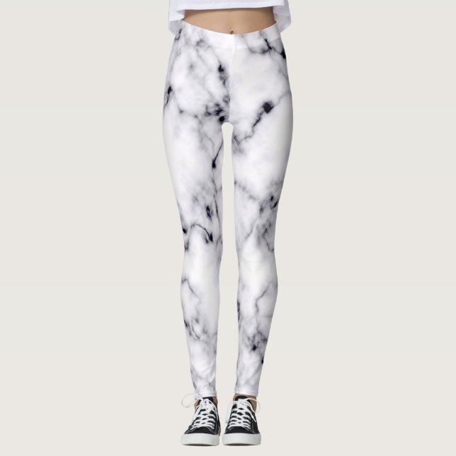 Modern Black White Designer Marble Pattern Leggings (Front)