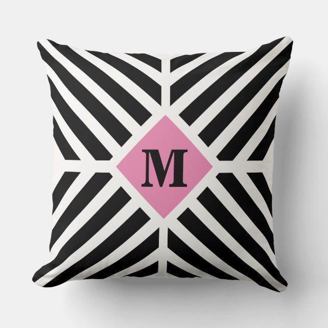 Modern Black White Diagonal Stripes Monogram Throw Pillow (Front)