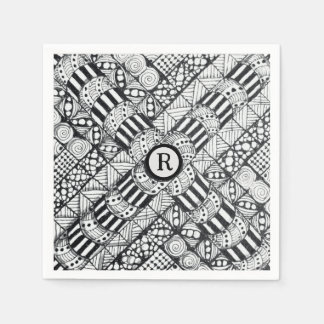 Modern Black & White Doodled Pinwheel & Monogram Napkin