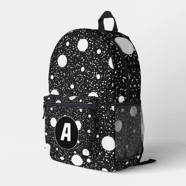 Modern Black White Dots - Initial Letter Monogram Printed Backpack (Back Corner Right)