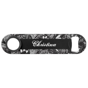 Modern Black White Drawn Floral Collage Monogram Bar Key