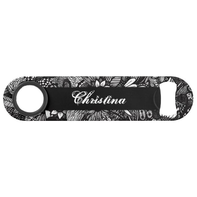 Modern Black White Drawn Floral Collage Monogram Bar Key (Front (Horizontal))
