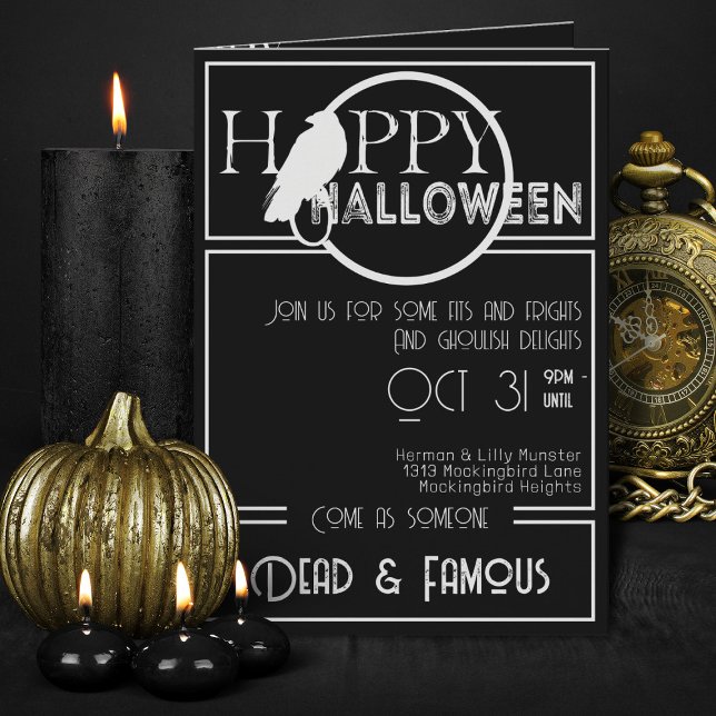 Modern Black White Elegant Adult Halloween Party  Invitation (Elegant Black And White Adult Halloween Party Invitations)